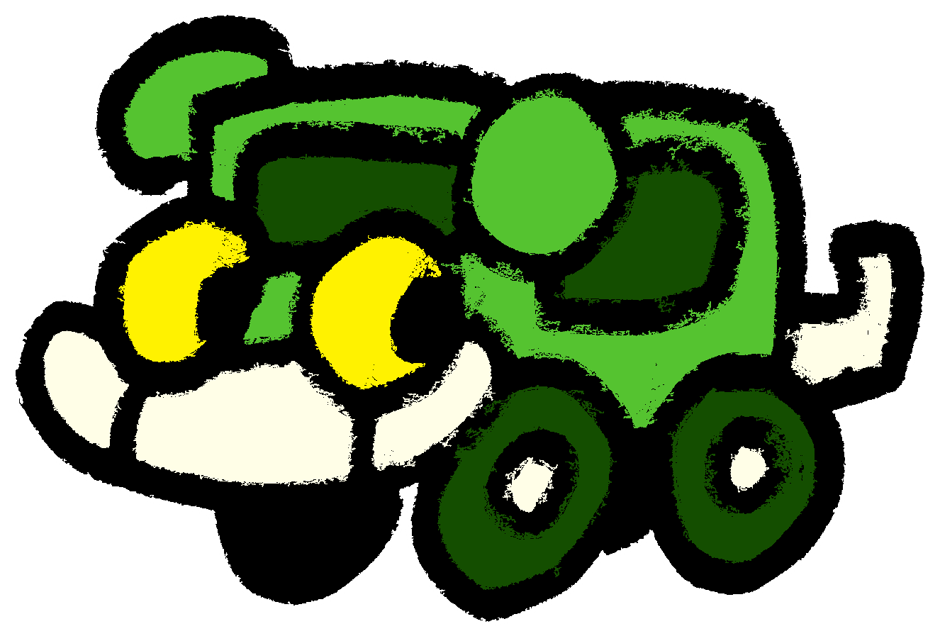 A drawing of Aroostook, a friendly green car.