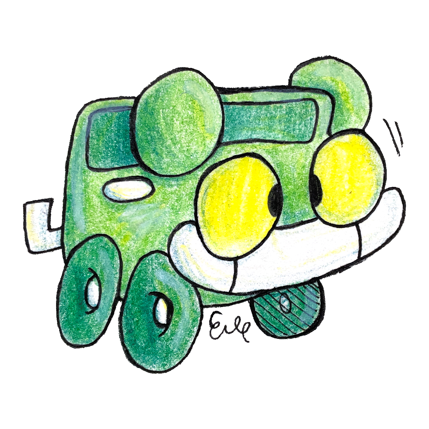 A drawing of Aroostook, a friendly green car.