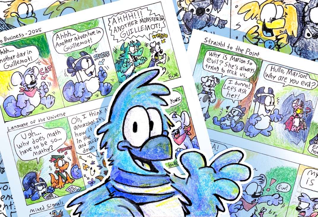 A blue bird waving in front of a background composed of several comics.